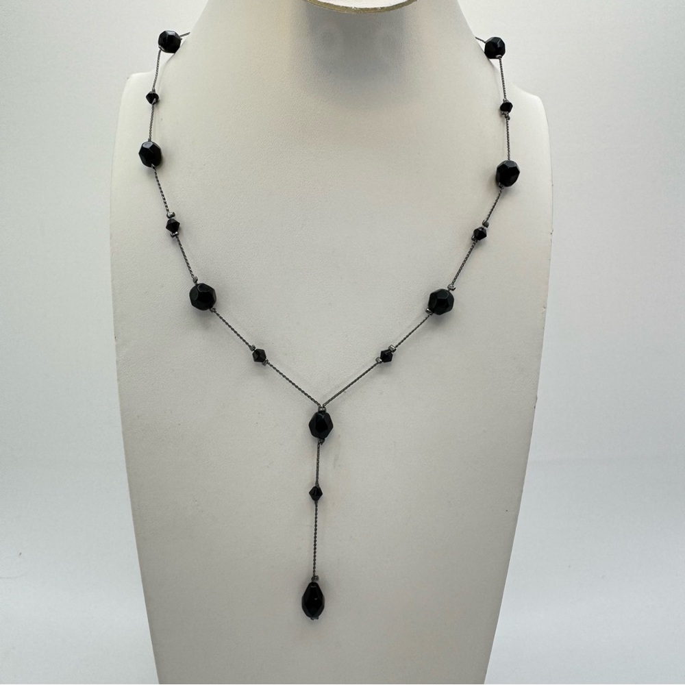Vintage Black Glass Beaded Y Necklace Gothic Rosary Style Drop Pendant